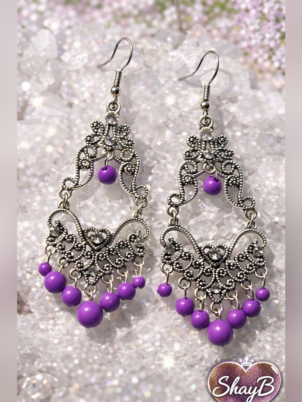 Purple Bead Filigree Dangle Earrings - Women Jewelry